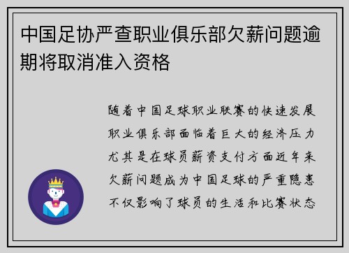 中国足协严查职业俱乐部欠薪问题逾期将取消准入资格