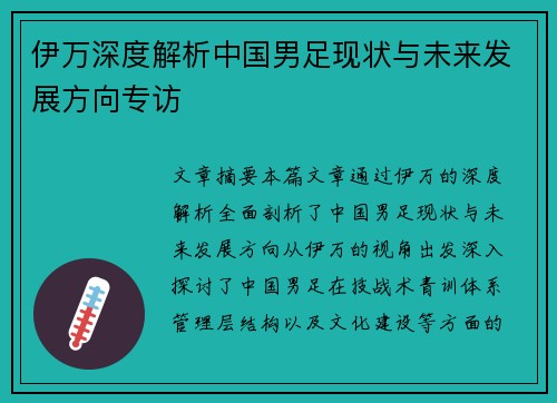 伊万深度解析中国男足现状与未来发展方向专访